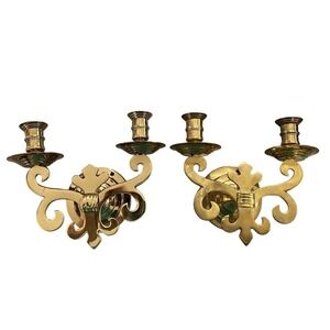 Vintage Solid Brass Fleur De Lis Wall Sconce Candle Holders Pair Gold Double Arm